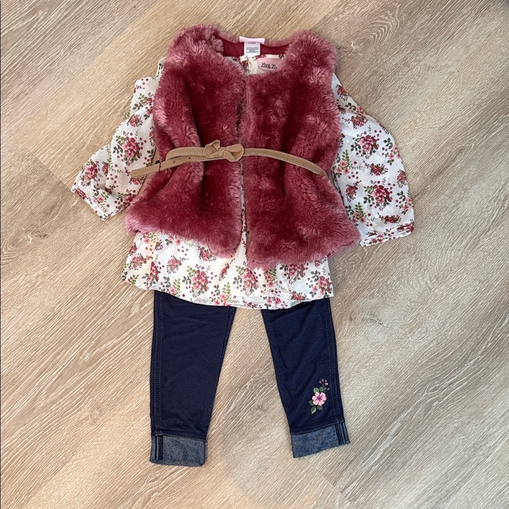 Little Lass Pink Floral Top and Faux Fur Vest Set